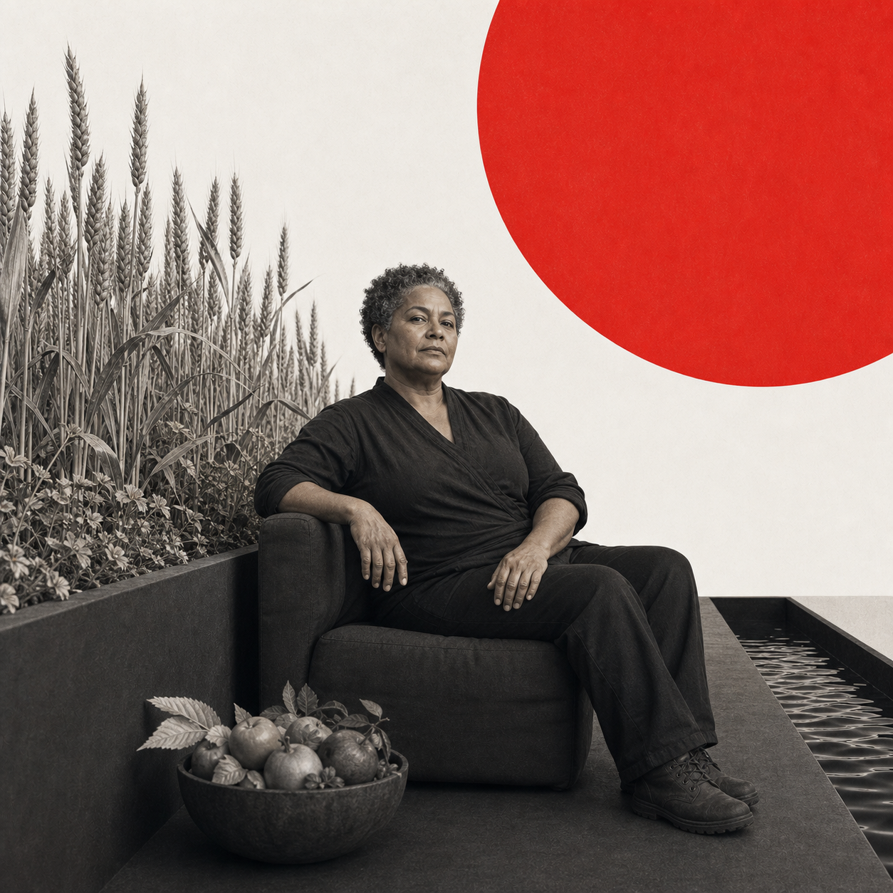 Swiss photomontage of a plus-size Afro-Latina community grower seated among wheat, fruit, and running water