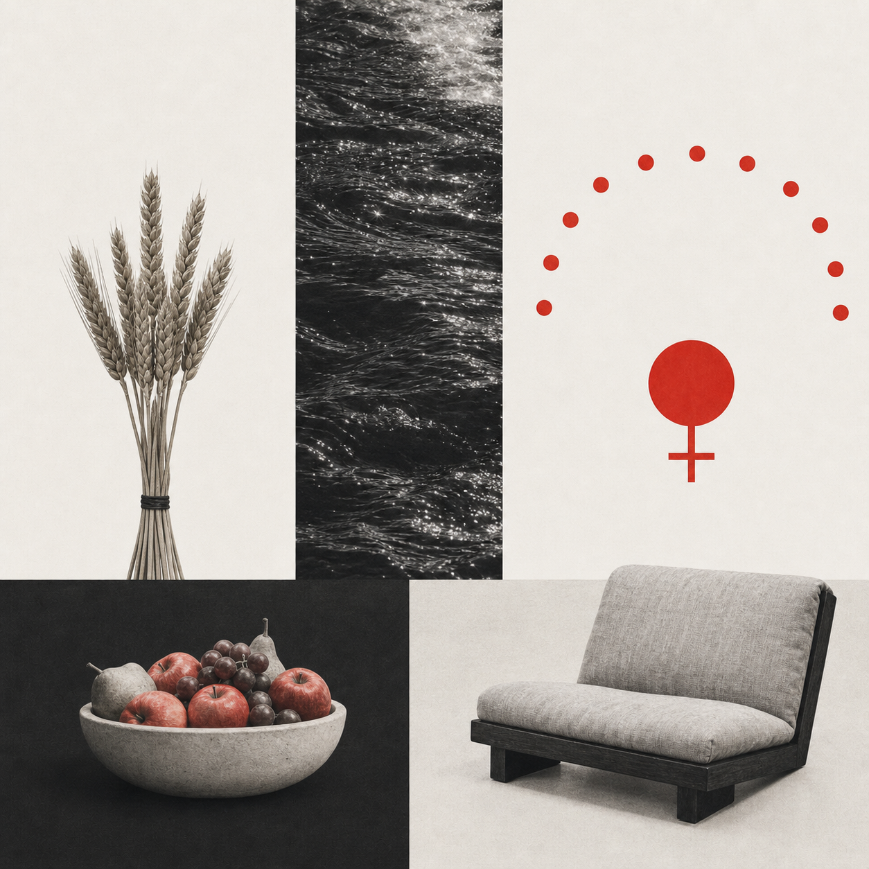 Swiss still life of wheat, flowing water, twelve stars, a Venus disk, fruit, and a cushioned chair