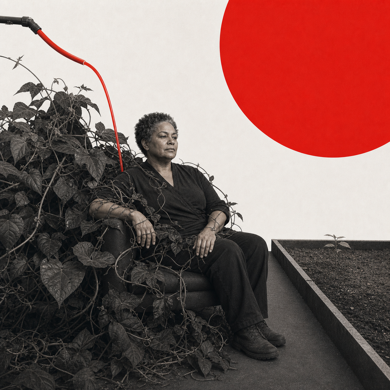 Swiss shadow composition of an overgrown garden consuming its caretaker while an empty chair waits nearby