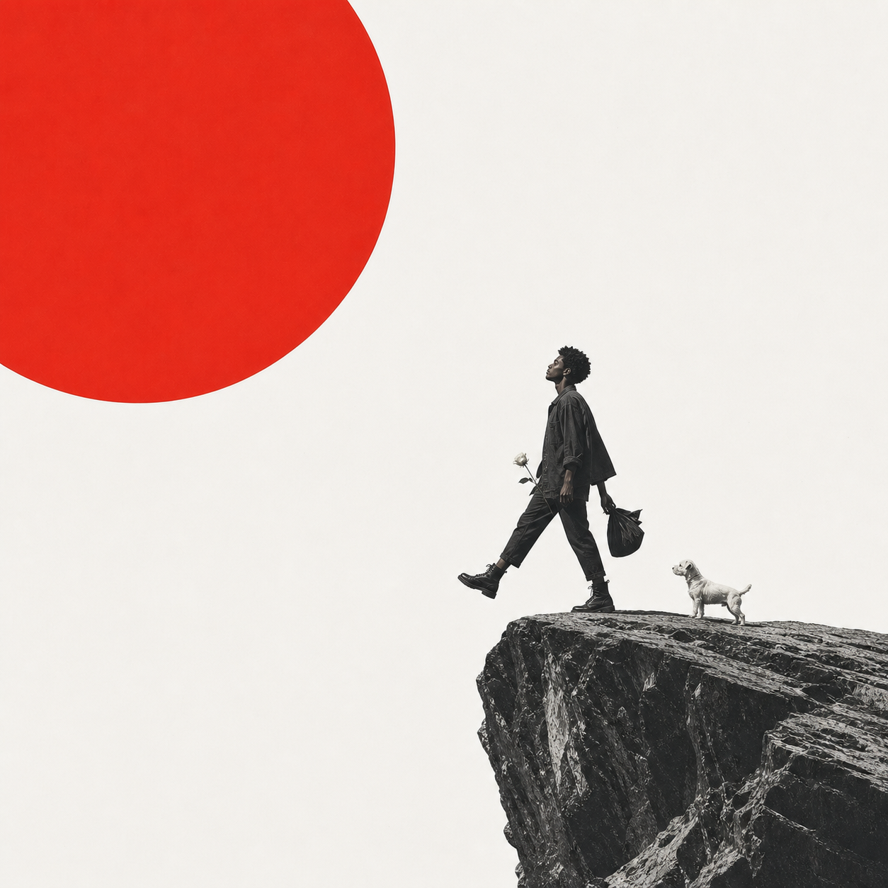 Swiss photomontage of a Black gender-expansive traveler stepping from a sunlit cliff with a white rose, bundle, and small dog