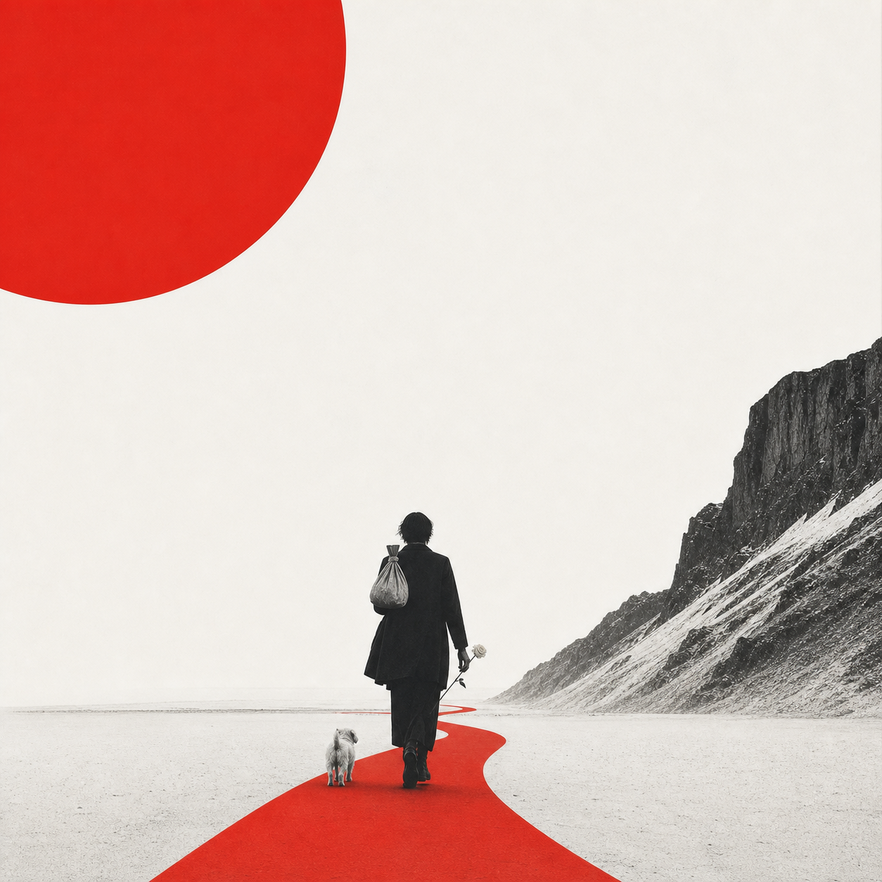 Swiss photomontage of a figure walking confidently down a new road at dawn