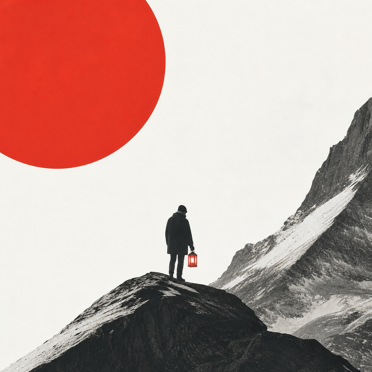 Swiss photomontage of a solitary figure holding a red lantern on an alpine ridge