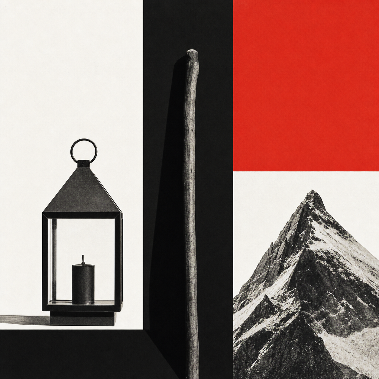 Swiss still life of a lantern, walking staff, and mountain