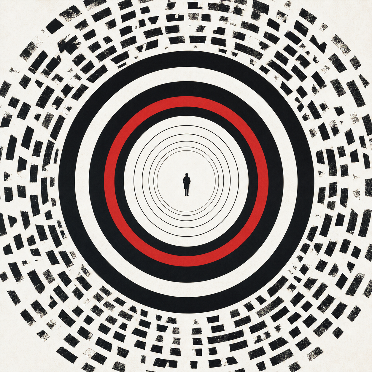 Swiss concentric composition showing noise resolving into quiet attention