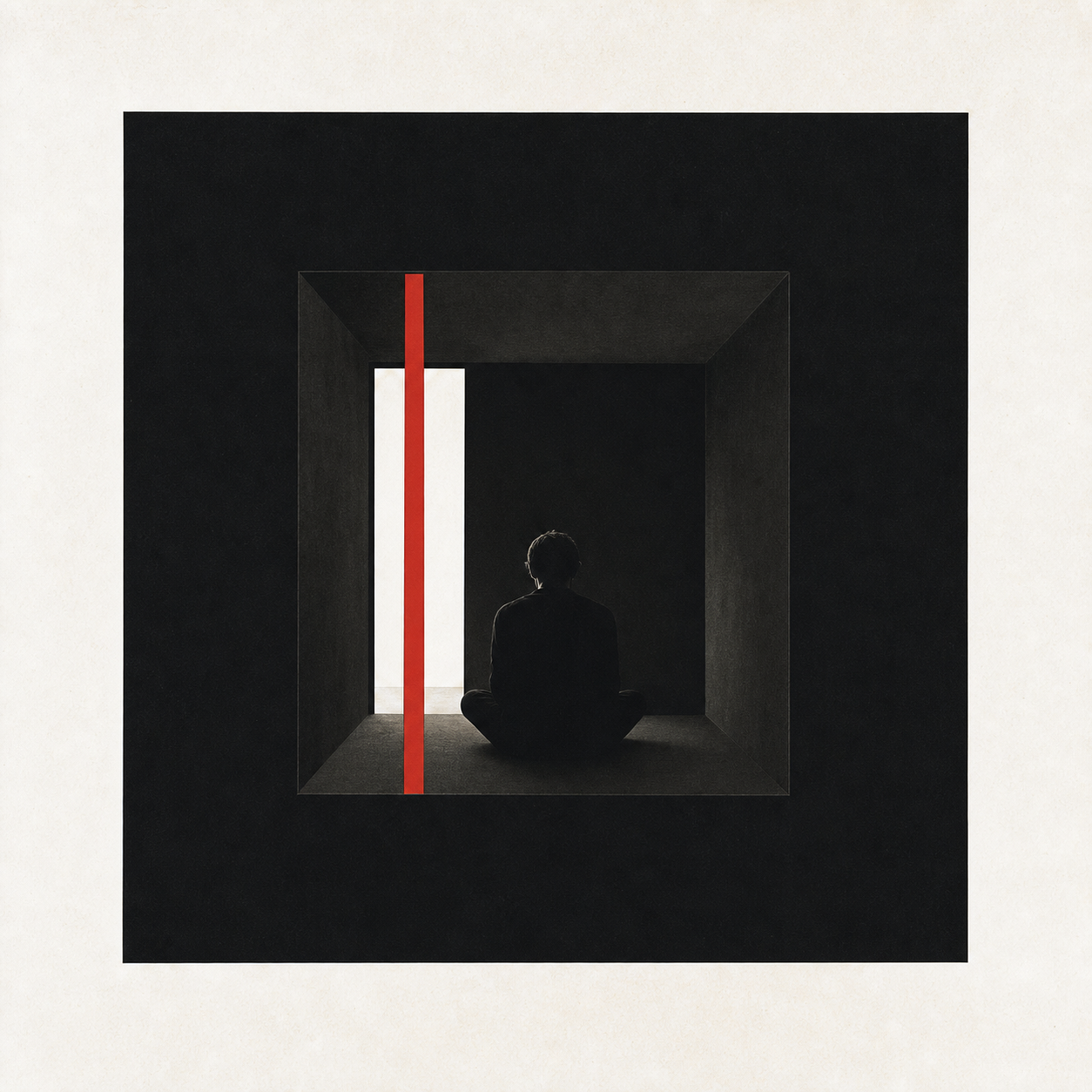 Swiss architectural photomontage of a solitary figure facing away from an open doorway