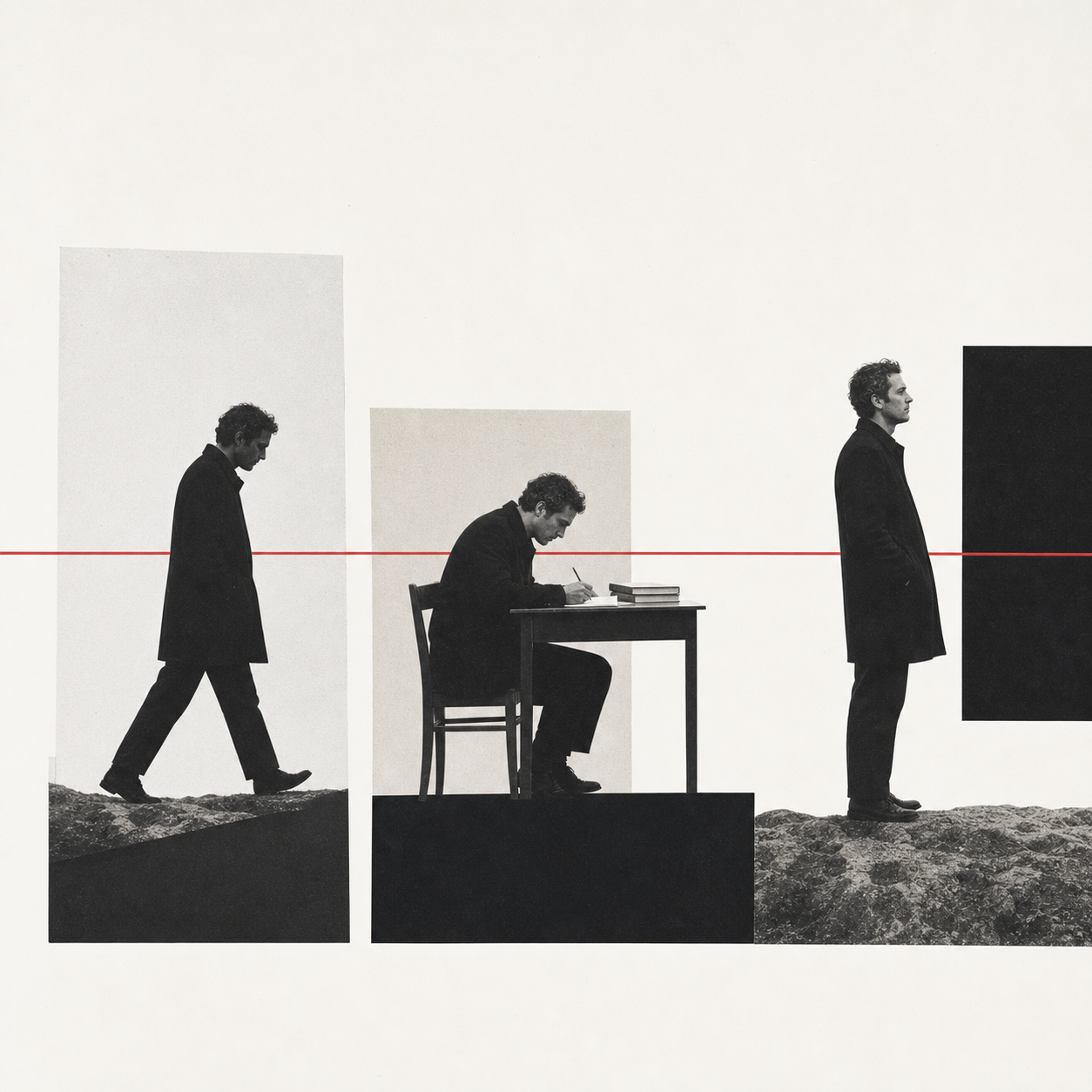 Swiss sequence of one person walking, writing, and standing in resolved stillness