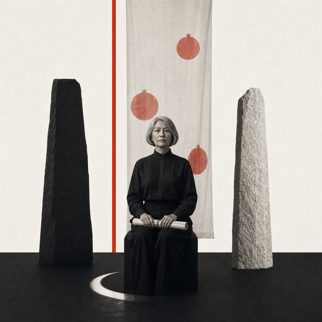 Swiss photomontage of an older East Asian woman seated between black and white pillars before a translucent veil