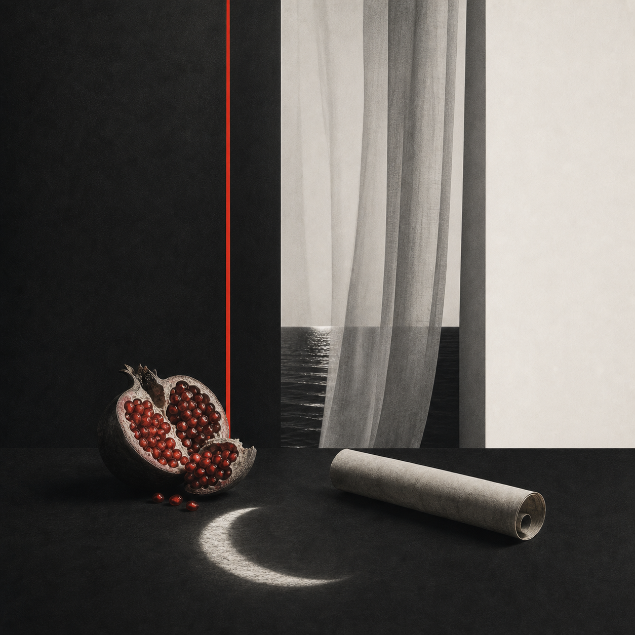 Swiss still life of black and white pillars, a crescent moon, a rolled scroll, pomegranate, and hidden water