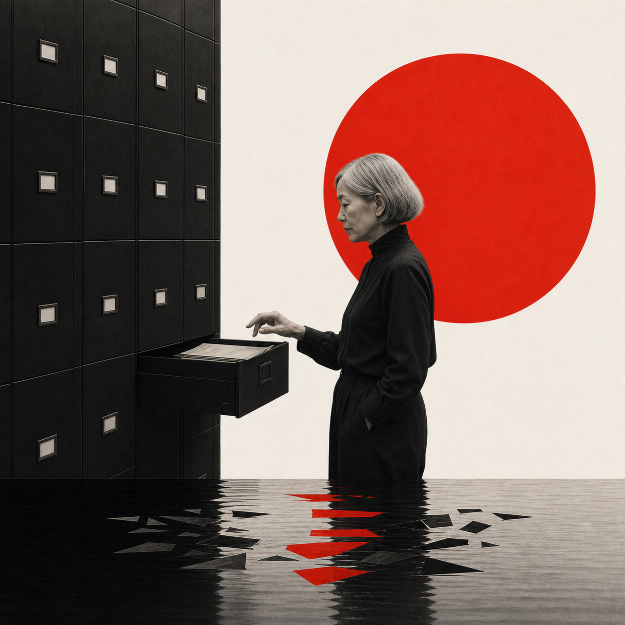 Swiss photomontage of a woman listening beside an archive drawer while a hidden reflection reveals a pattern