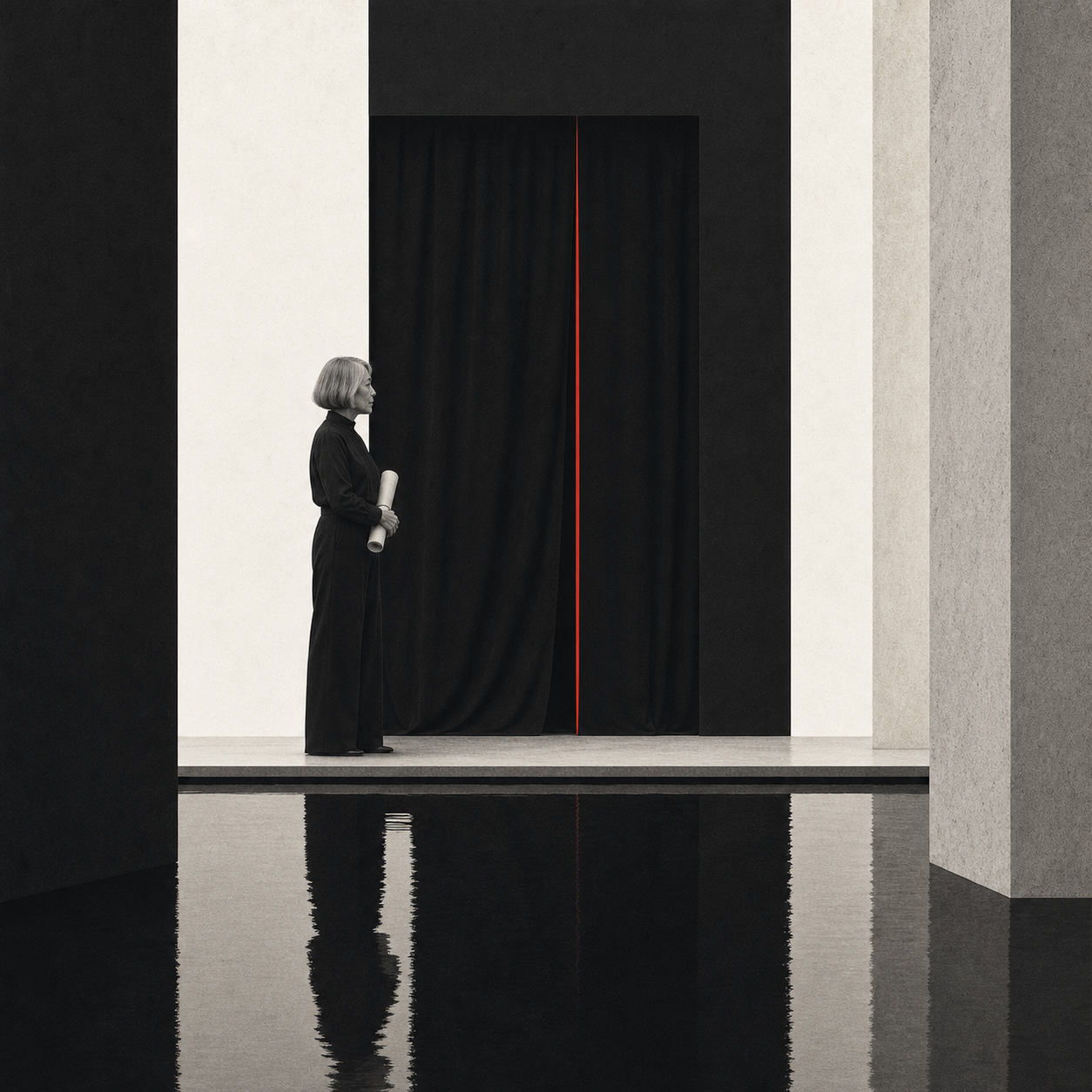 Swiss architectural shadow image of a sealed archive behind an opaque black veil with a thin red gap