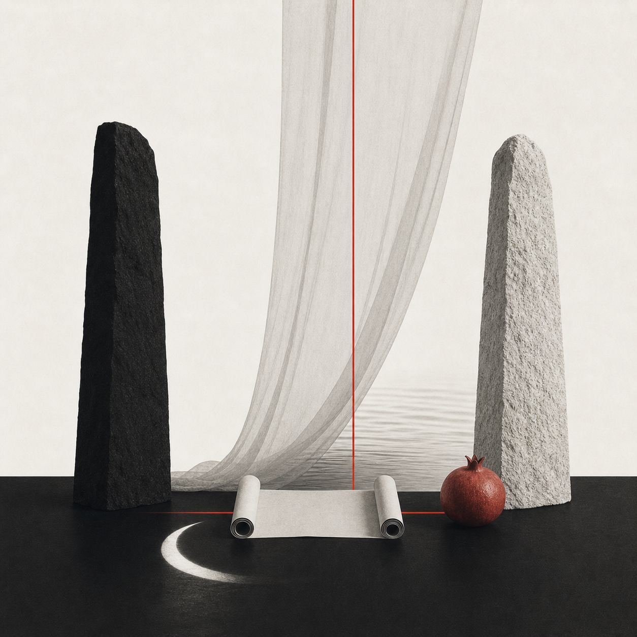 Swiss still life of an open scroll and crescent reflection centered between black and white pillars
