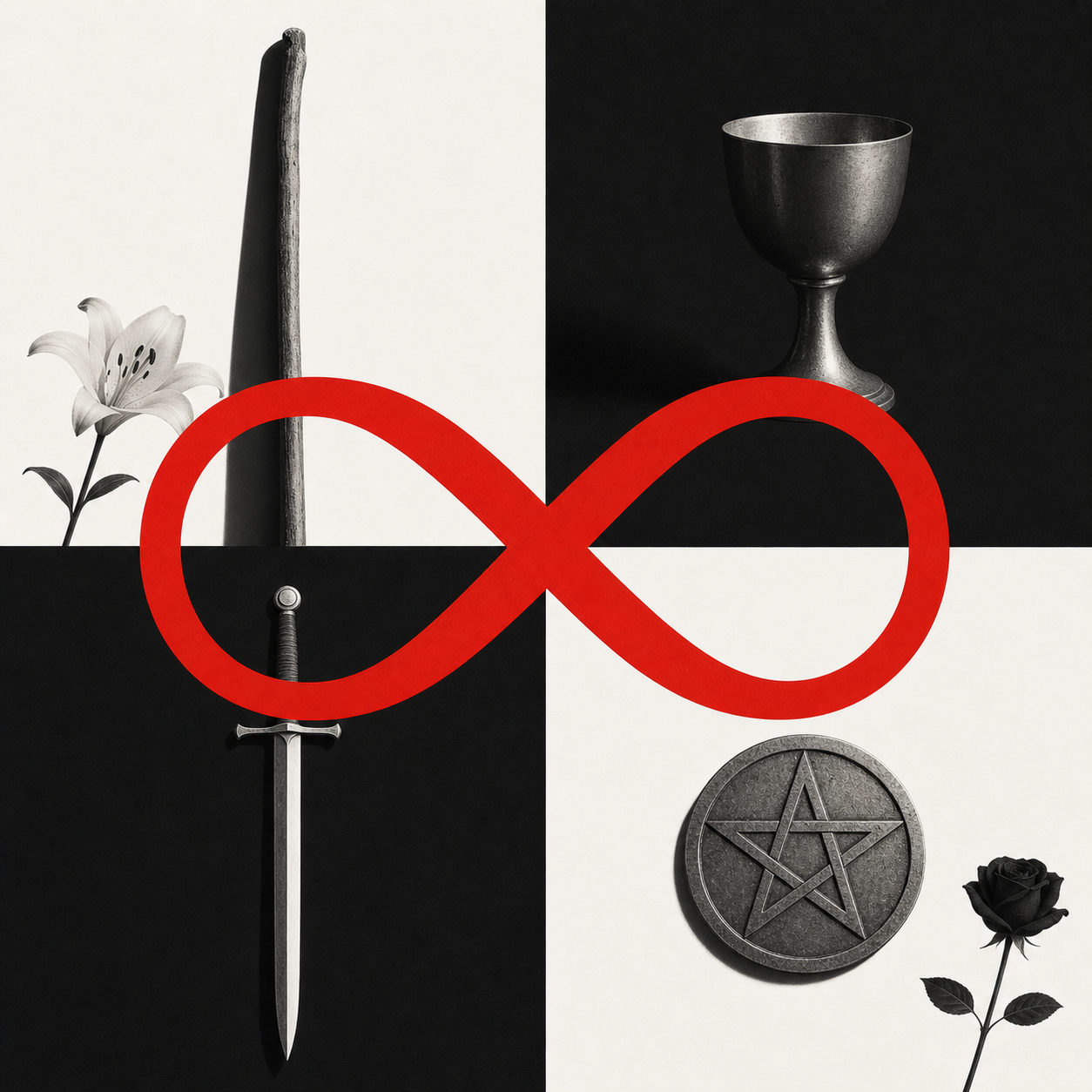 Swiss still life of a wand, cup, sword, and pentacle arranged beneath an infinity loop