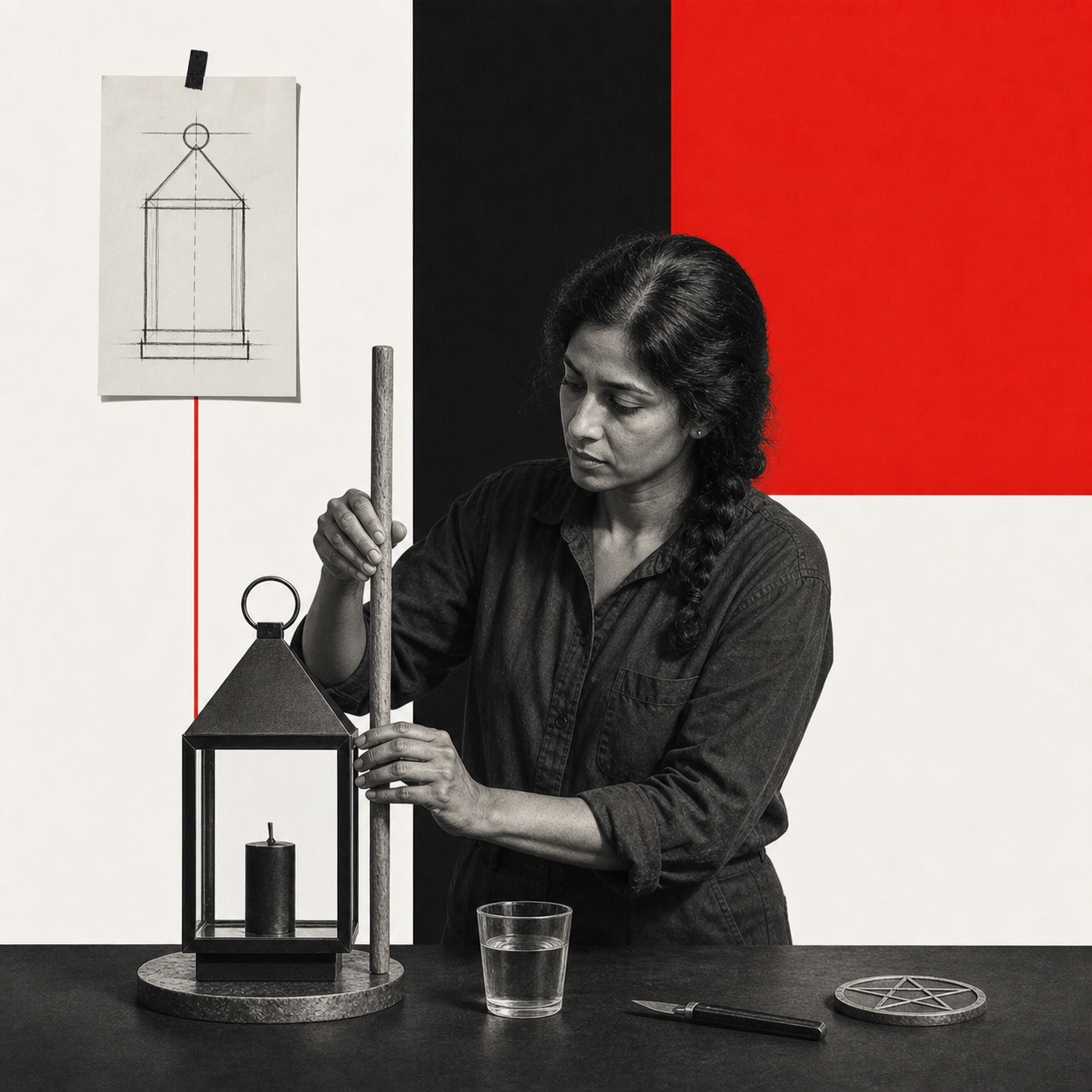 Swiss photomontage of a woman actively assembling a precise structure from four elemental tools