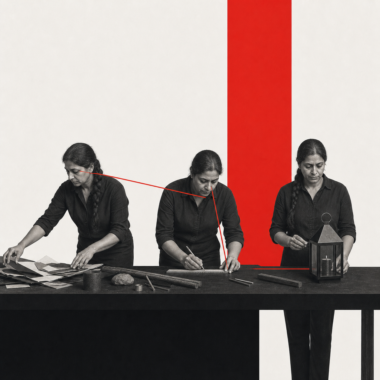 Swiss sequential photomontage of a maker turning separate materials into one finished object