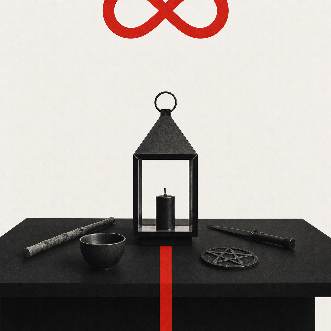 Swiss photomontage of a completed object centered on a worktable beneath a red infinity loop